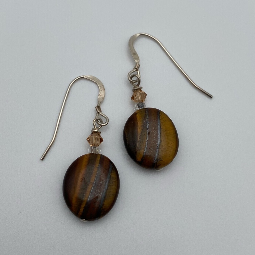 925 Sterling Silver Oval Tigers Eye Gemstone Beaded Dangle Earrings